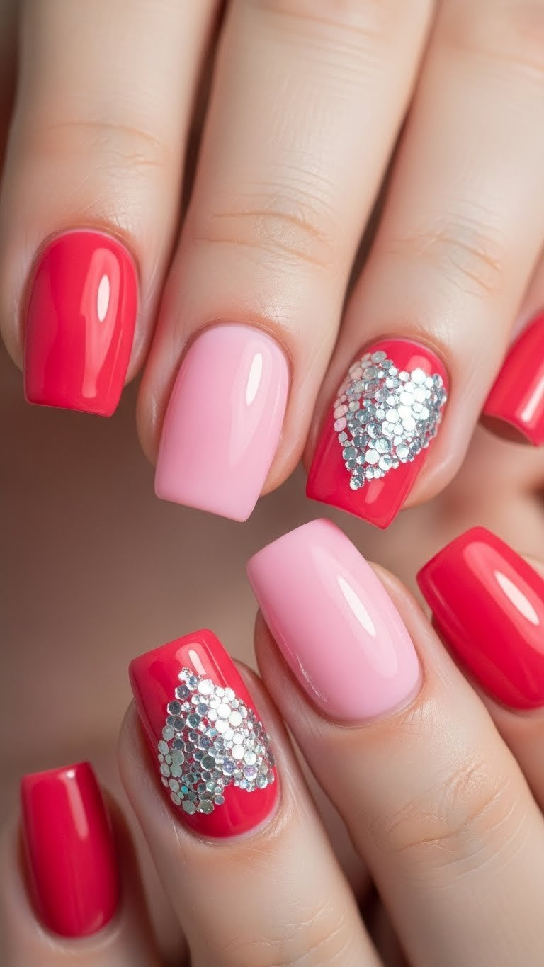 Vibrant glitter pop heart accent nails with bold base color and chunky sparkling heart designs