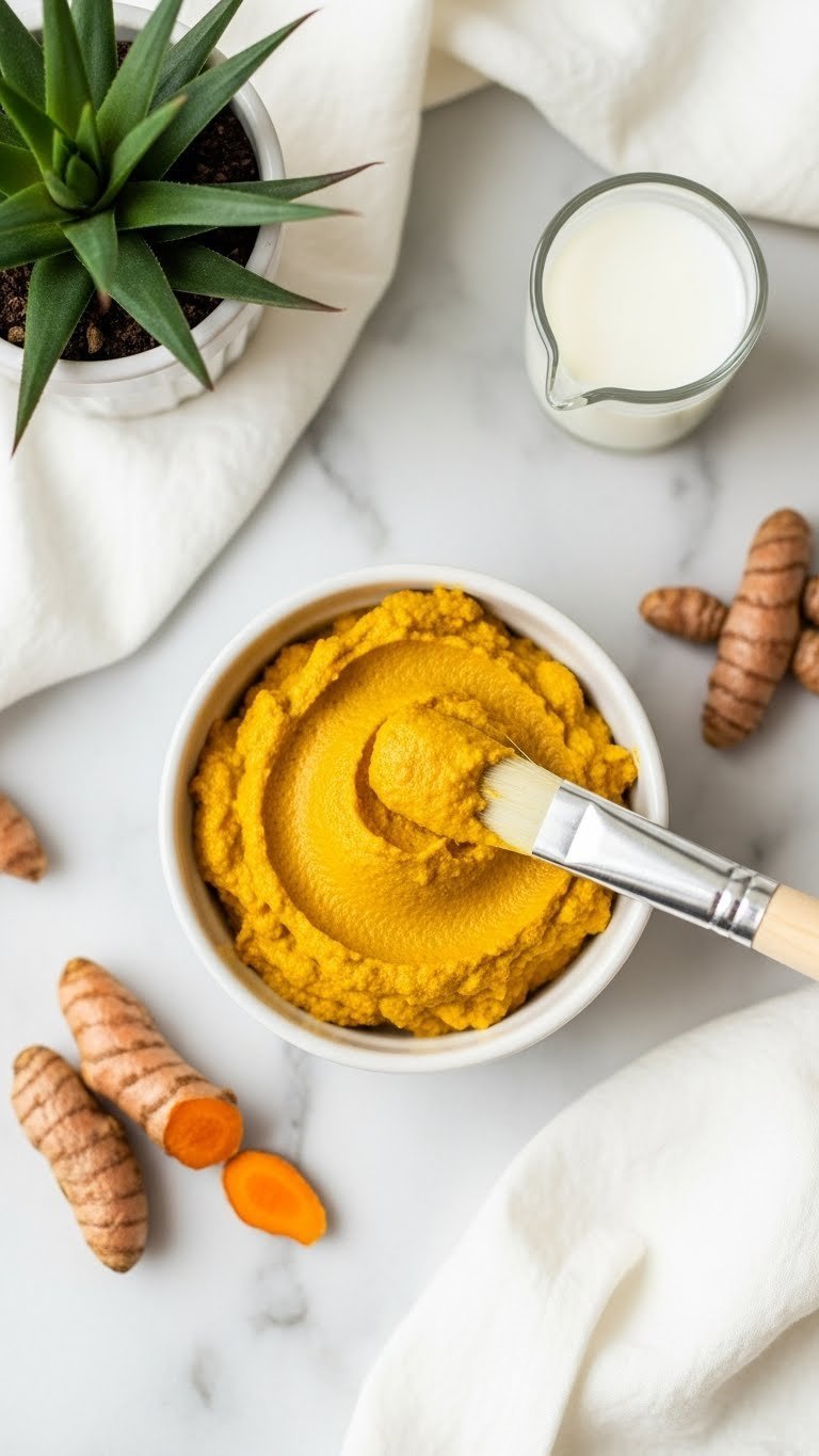 Vibrant golden turmeric milk paste in porcelain bowl with applicator brush and fresh ingredients