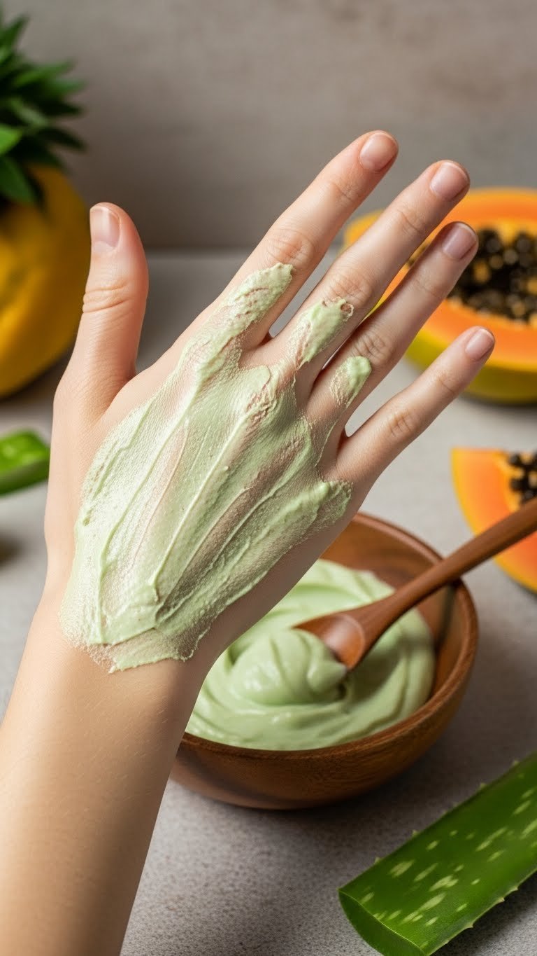 Vibrant green papaya aloe vera enzyme mask spread on skin with fresh ingredients visible against natural wood background setting.