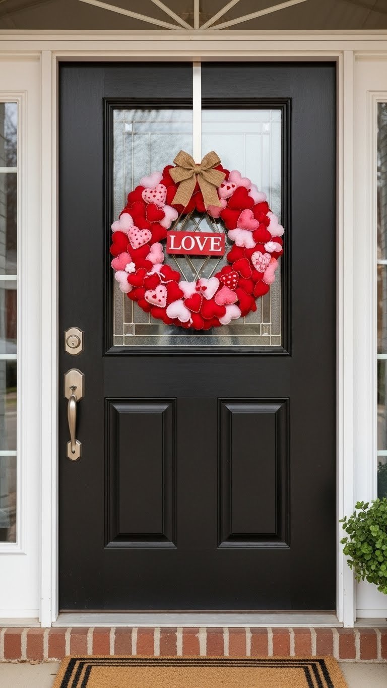 Vibrant handmade Valentine's wreath with red and pink felt hearts hanging on dark wood front door