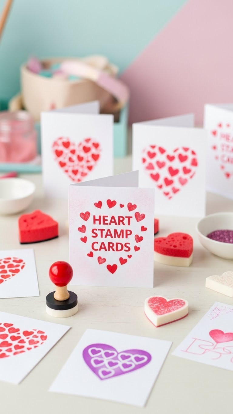 Vibrant heart stamp cards with hand-stamped patterns arranged artfully on light-colored surface