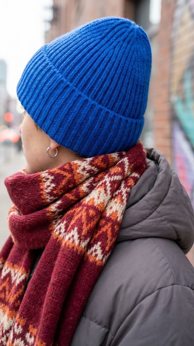 Vibrant knit beanie and chunky patterned scarf showcase stylish winter streetwear accessories on a person in an urban setting.