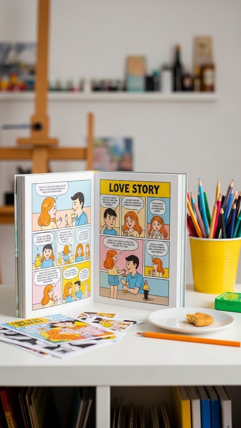 Vibrant love story comic strip zine with sequential panels on minimalist shelf in bright daylight