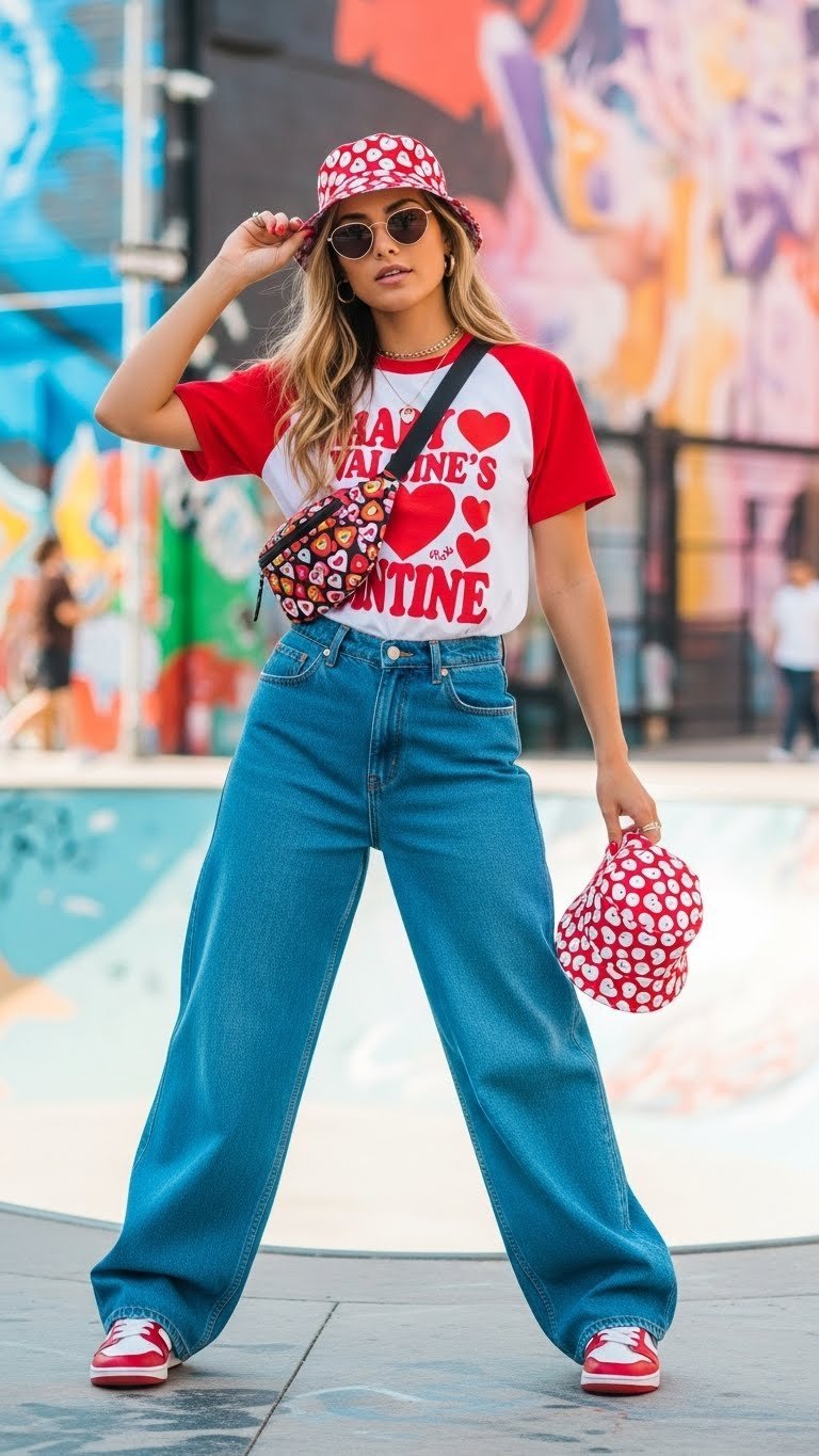 Vibrant person in bold graphic tee and wide-leg jeans striking confident pose against colorful street art mural