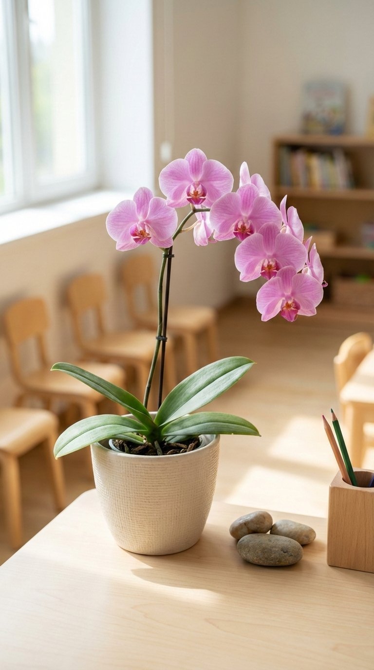 Vibrant potted plant like succulent or orchid on minimalist desk symbolizing growth and lasting teacher appreciation