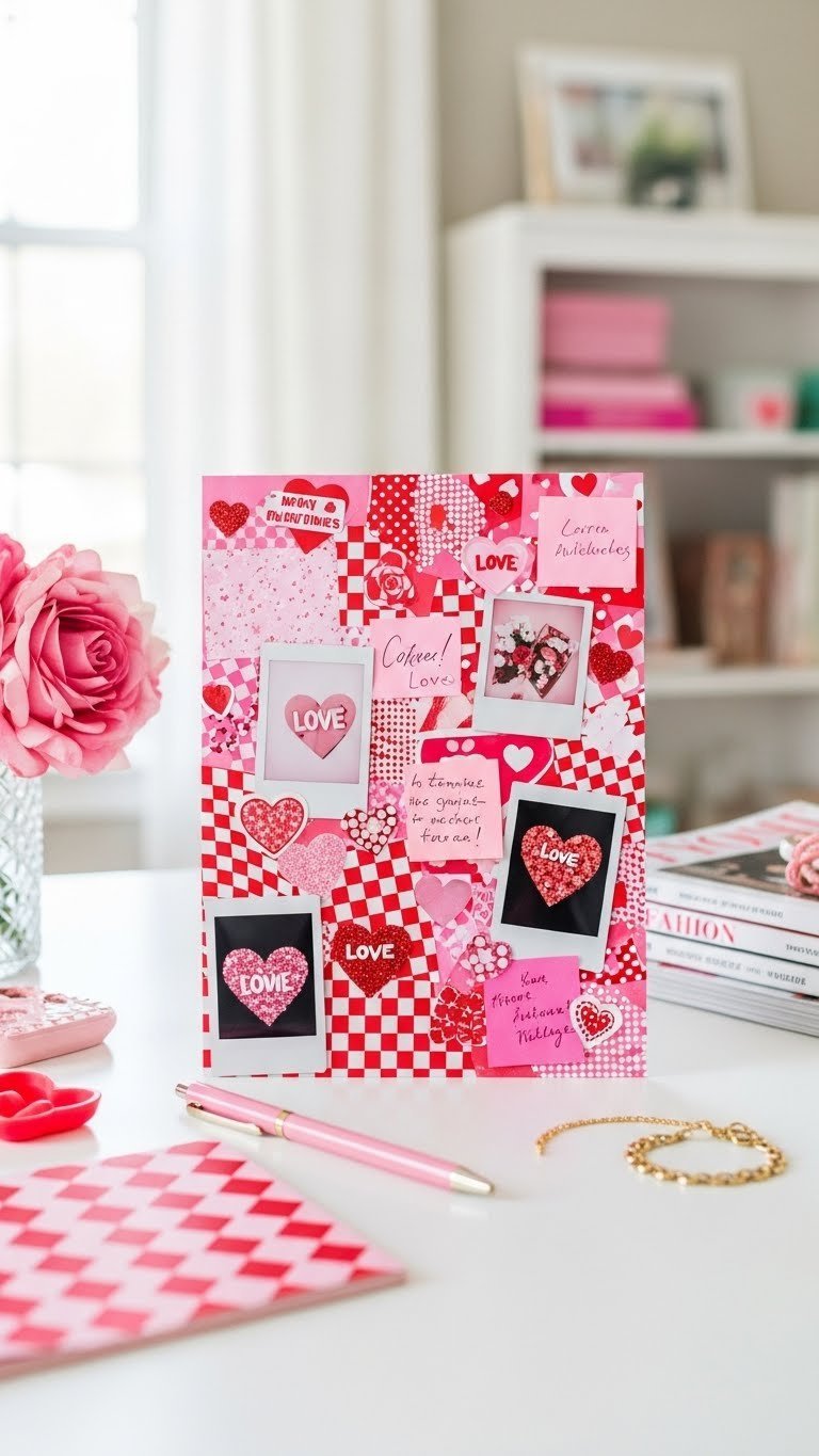 Vibrant preppy Valentine's collage wallpaper with pink checkered patterns, Polaroid photos, and glittery stickers arranged dynamically