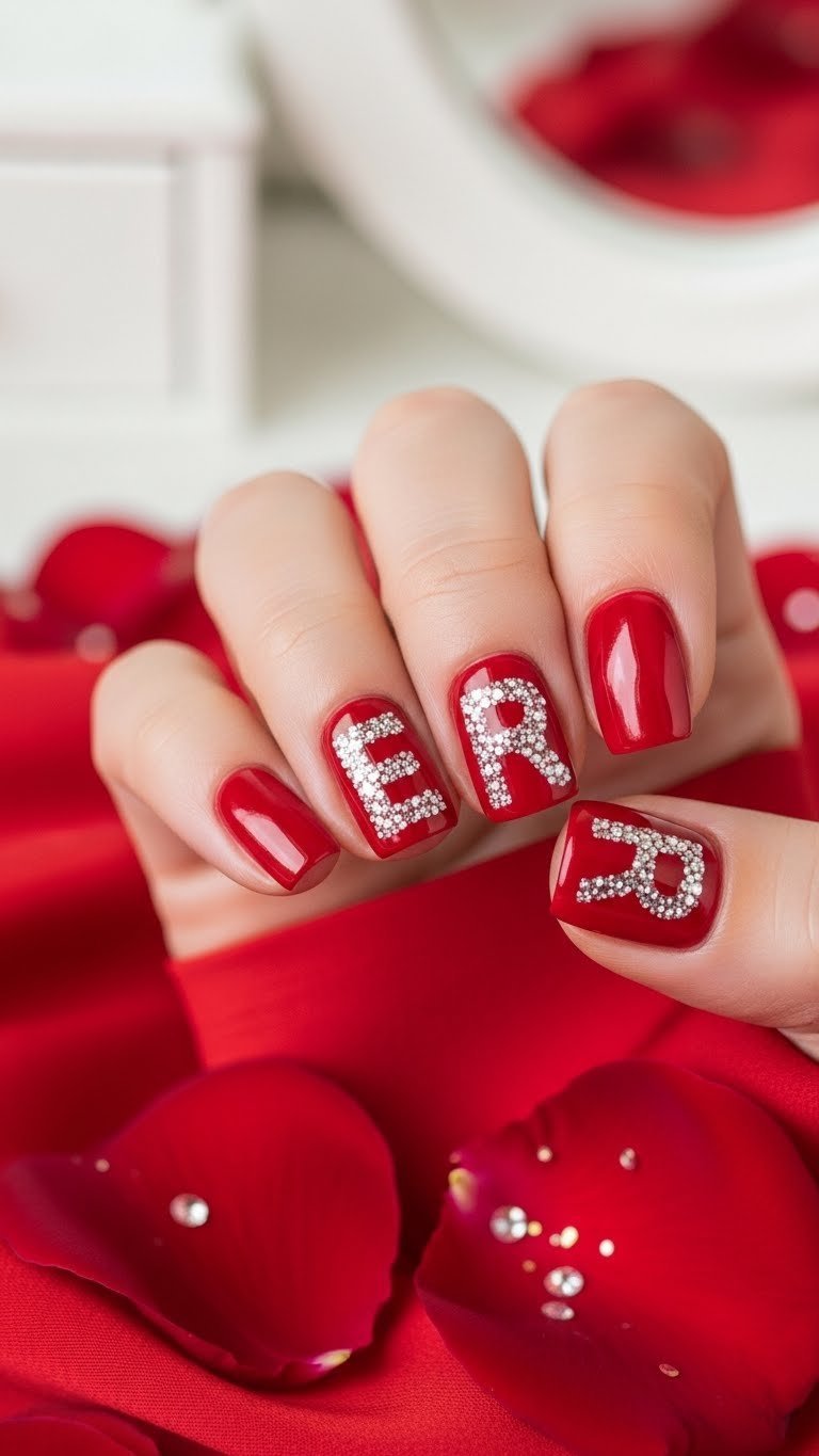 Vibrant red nails with bold glitter initials ER sparkling against silken fabric with rose petal accents