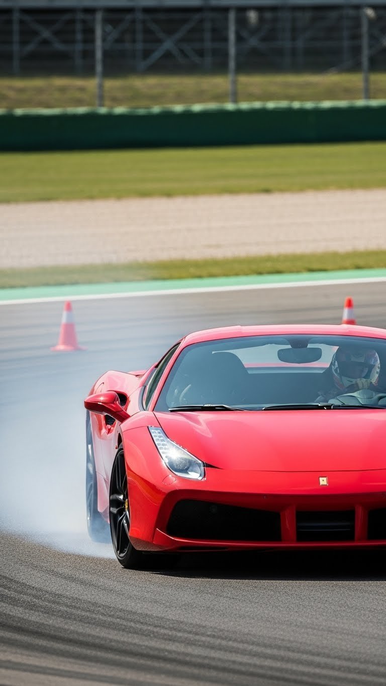 Vibrant red supercar rounding corner on race track with tire smoke and driver's helmet visible in low-angle dynamic tracking shot.
