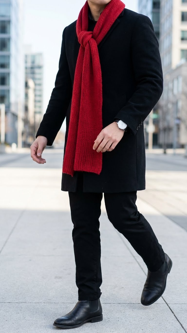 Vibrant red wool scarf, a statement piece, contrasts against a black monochromatic outfit on a modern city street. Elegant fashion.