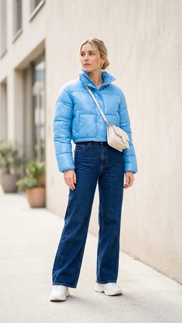 Vibrant sky blue cropped puffer jacket, wide-leg denim jeans, chunky white sneakers, gold hoops, minimalist street style.