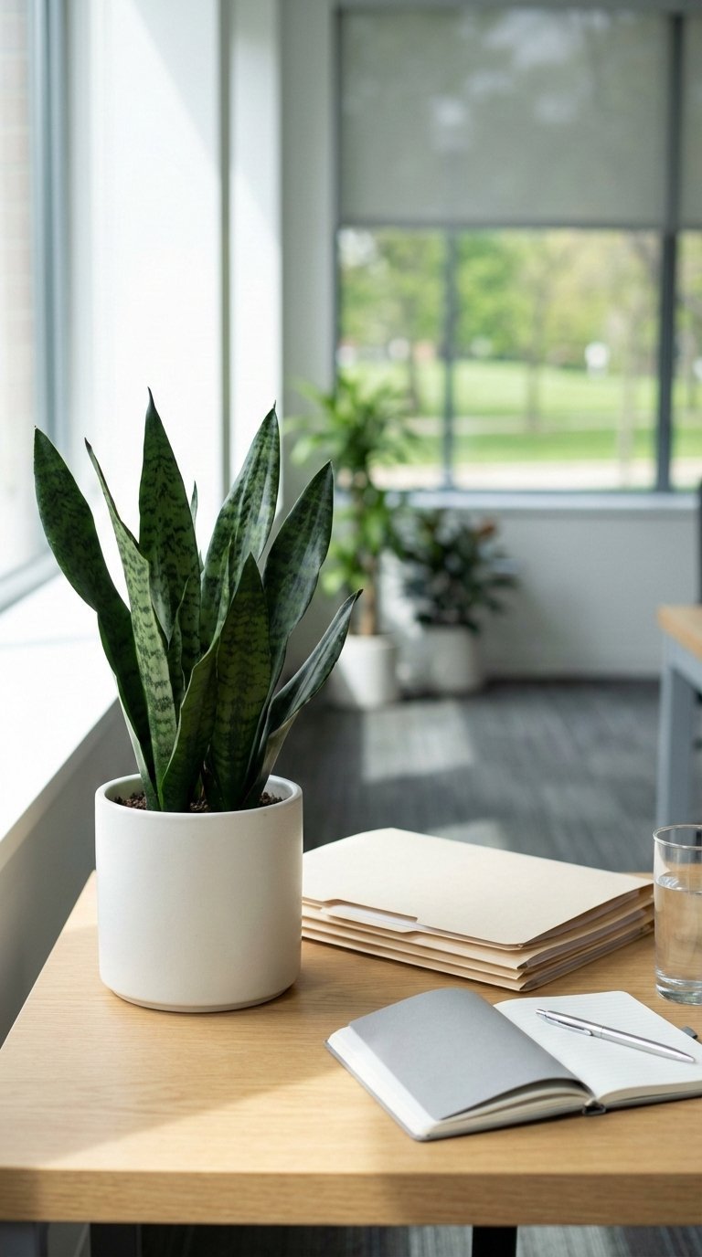 Vibrant snake plant in ceramic pot on minimalist office desk with neat folders and soft natural lighting