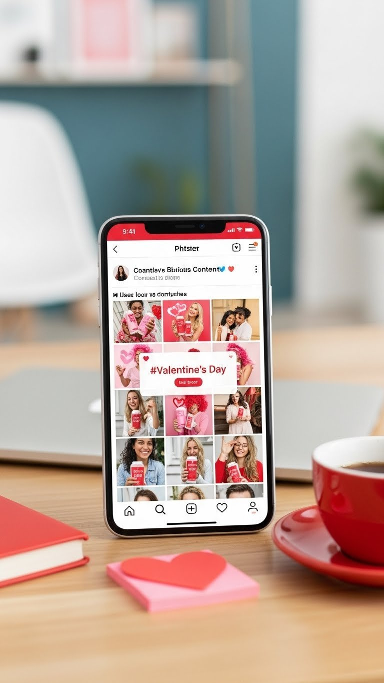 Vibrant social media feed mosaic showing diverse Valentine's Day user photos with festive hashtag on smartphone screen.