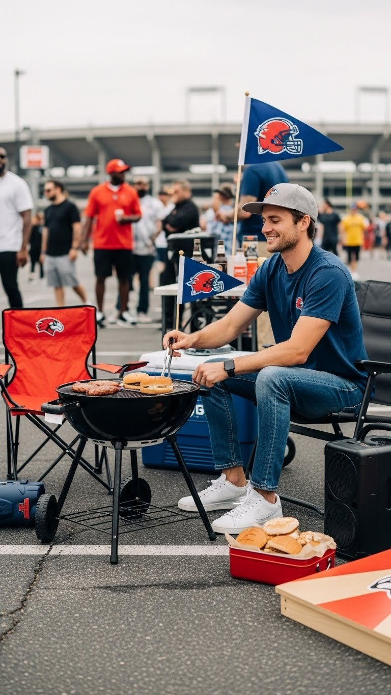 Vibrant tailgating setup with portable grill, team-branded chairs, and cooler in parking lot atmosphere