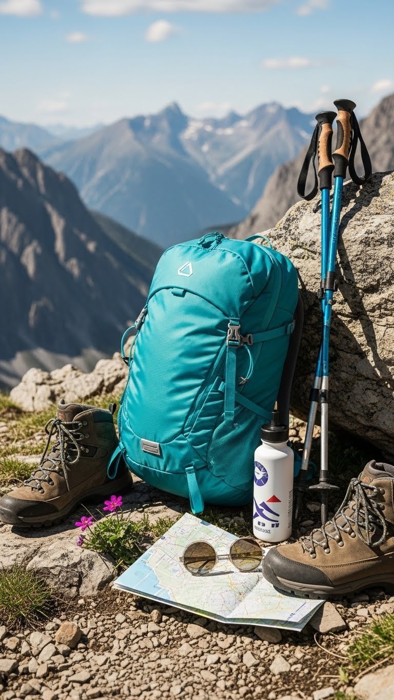 Vibrant teal lightweight hiking backpack leaning on rocky mountain trail with trekking poles and boots.
