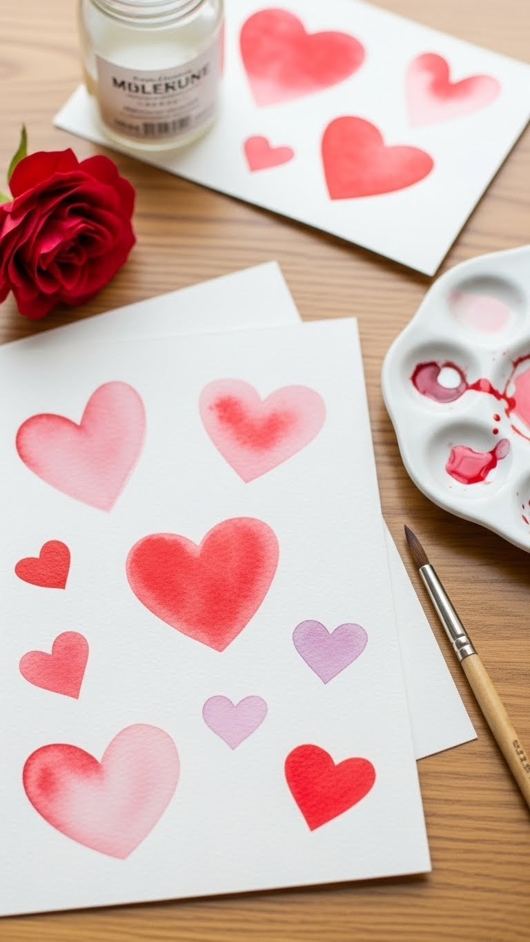 Vibrant watercolor hearts in red, pink, and purple arranged in a flat lay with soft bokeh background on light wooden table