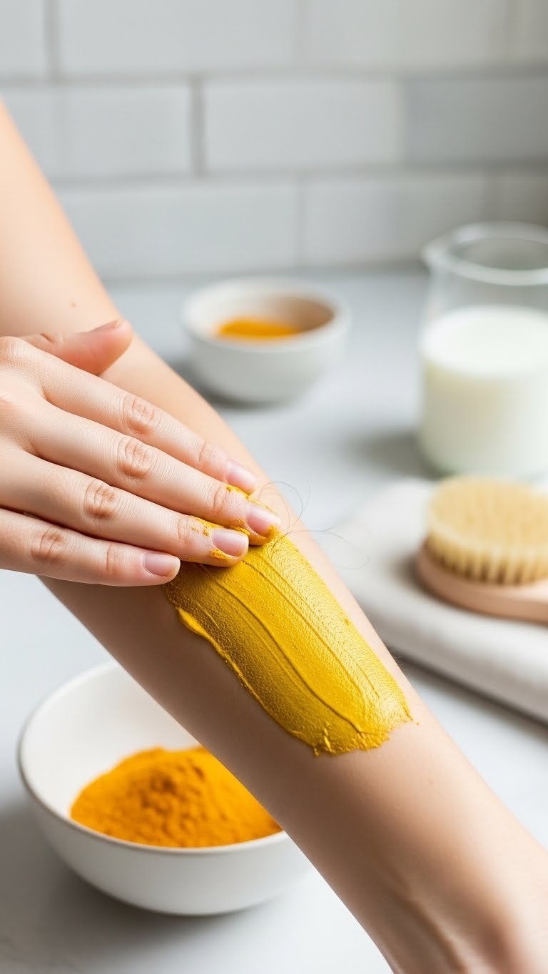 Vibrant yellow turmeric milk hair removal mask gently spread on arm skin with natural ingredients visible in soft background kitchen setting.