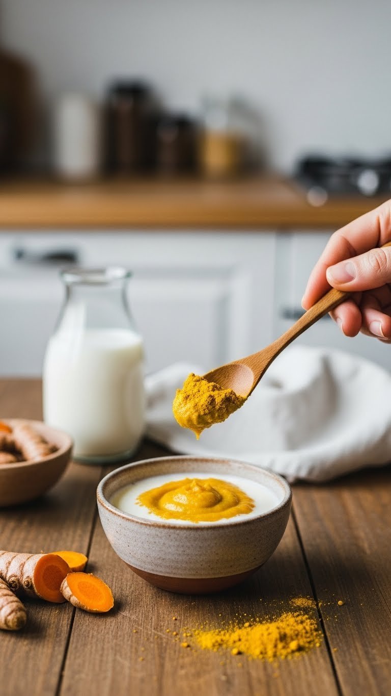 Vibrant yellow turmeric milk paste mixing in rustic ceramic bowl with wooden spoon on kitchen table