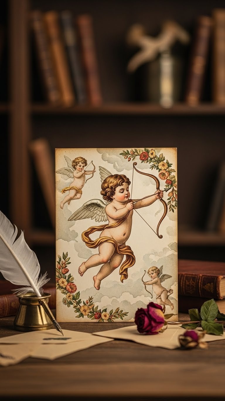 Vintage Cupid illustrations wallpaper featuring ornate classical Cupids with bows and arrows against muted sepia-toned background