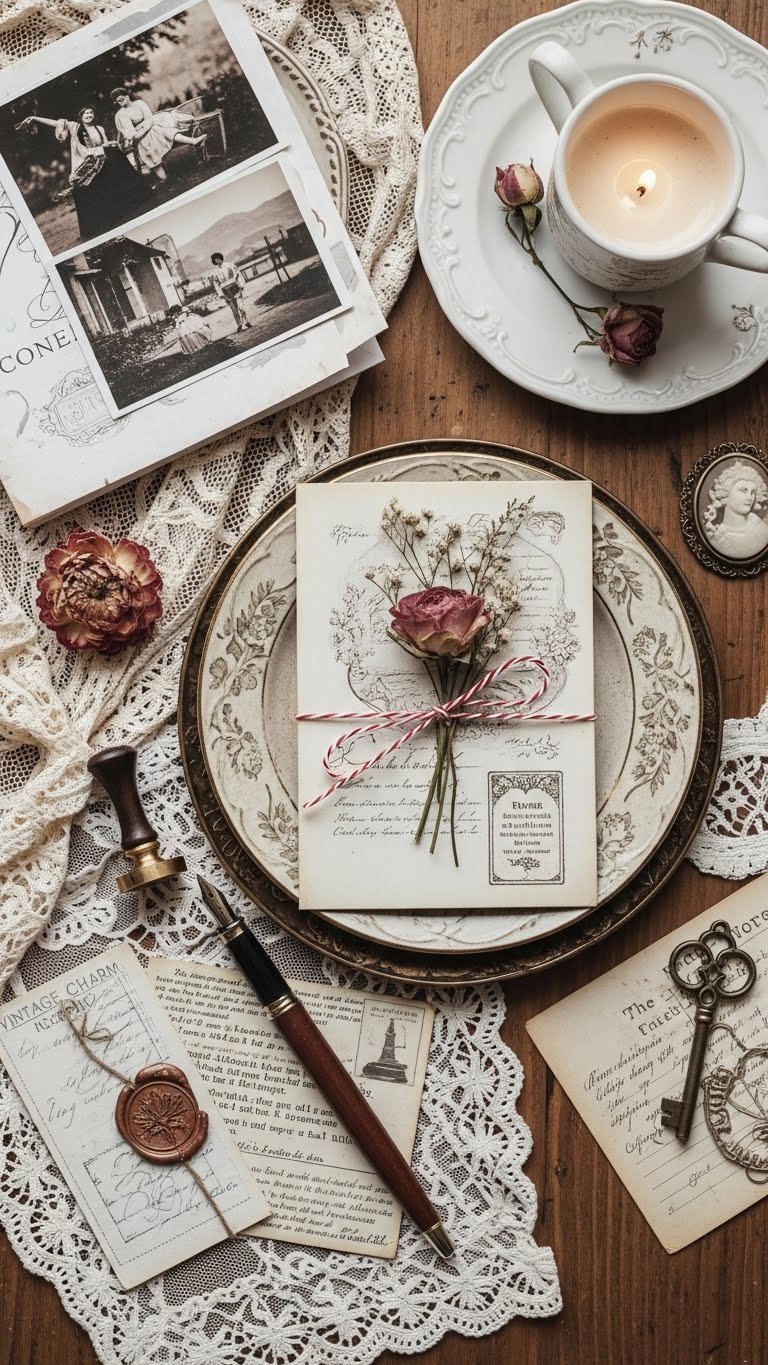 Vintage Valentine's mood board with sepia photographs, antique postcards, faded lace, and delicate dried flowers on rustic table.