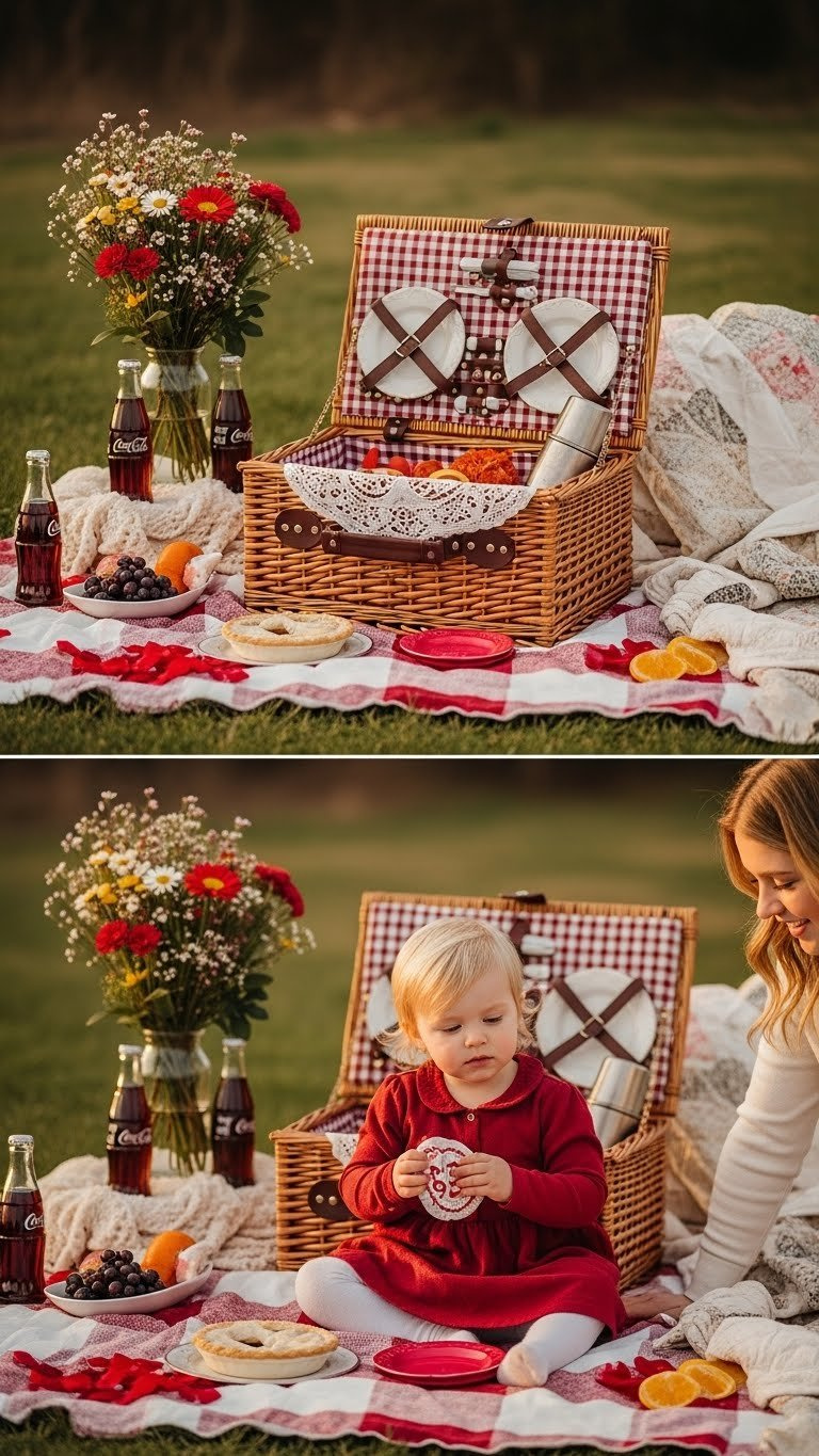 Vintage Valentine's picnic with checkered blanket, wicker basket, and couple enjoying golden hour outdoor setting