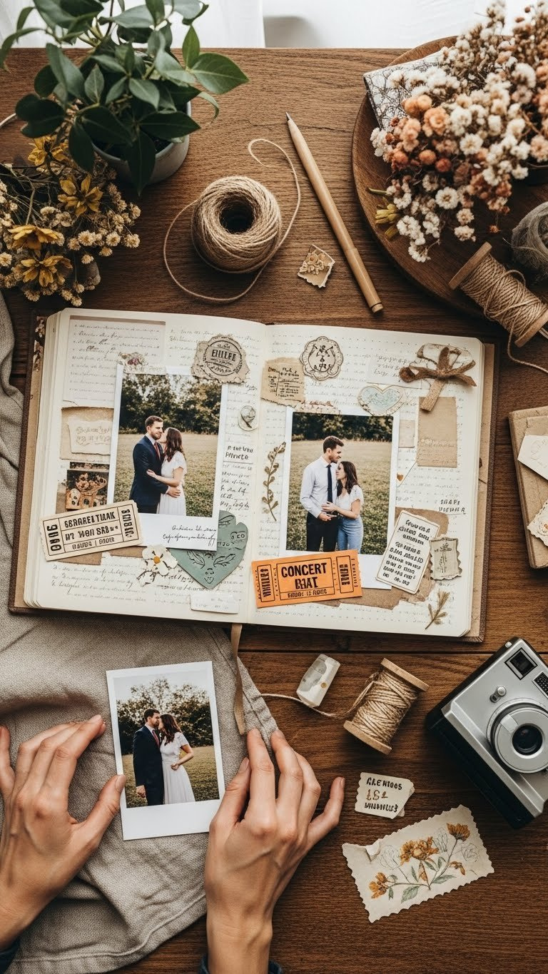 Vintage handmade scrapbook open showing couple photos and mementos on rustic table