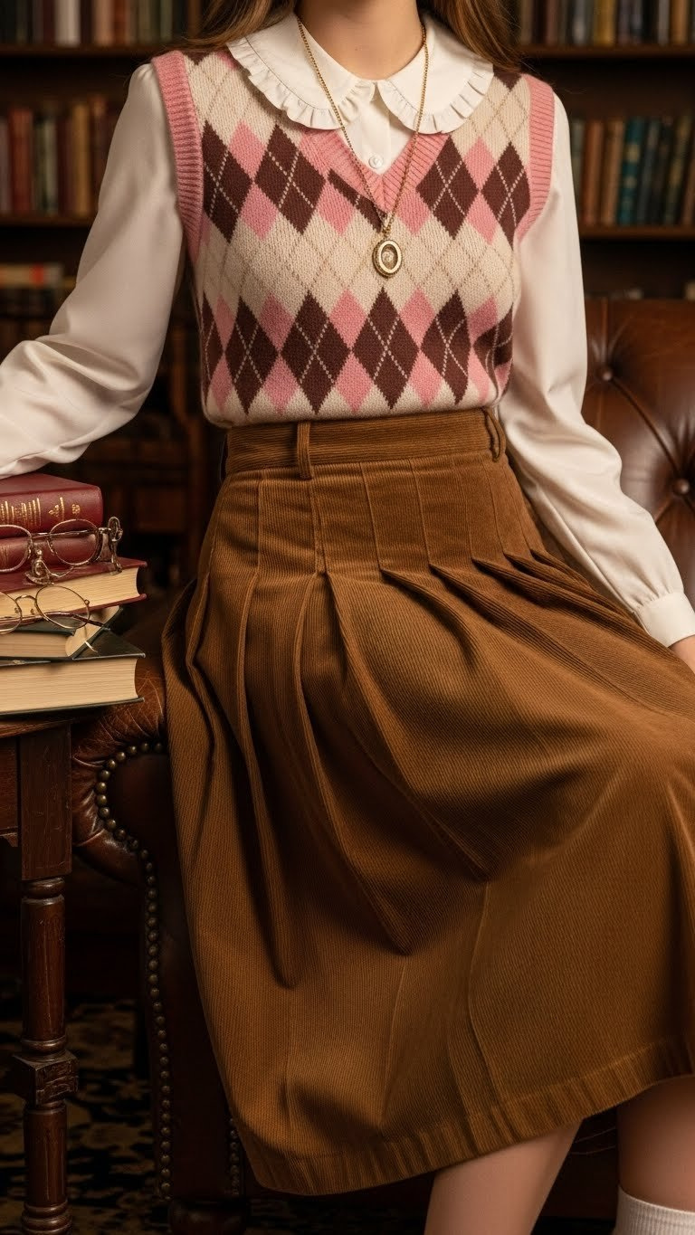 Vintage-inspired preppy Valentine's outfit with pink argyle sweater vest and brown corduroy skirt in library setting