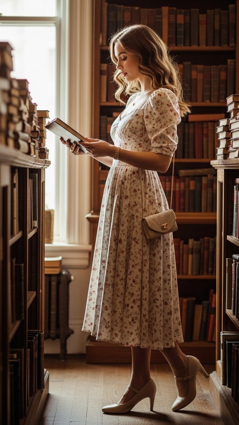 Vintage-inspired woman in floral midi dress browsing books in antique bookstore with delicate gold jewelry