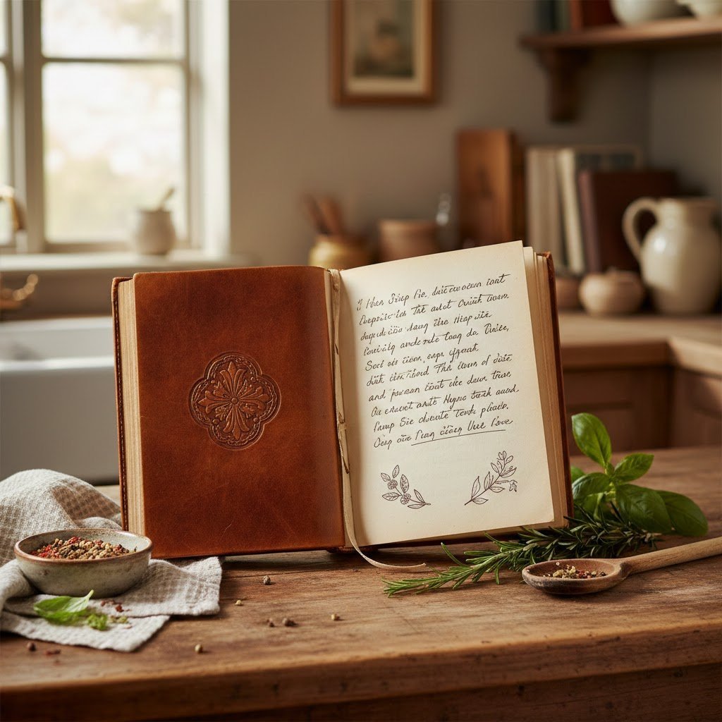 Vintage leather-bound recipe book open on worn kitchen counter with fresh herbs and wooden spoon