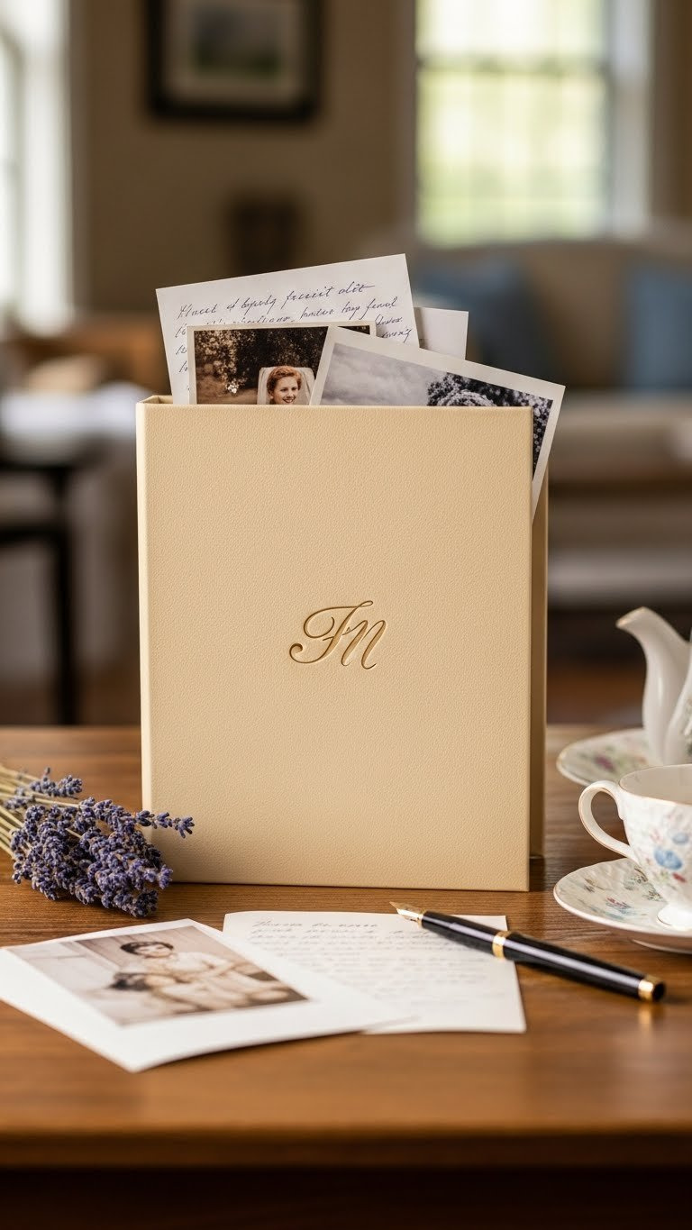 Vintage memory box filled with family photos and handwritten notes displayed on rustic wooden table with soft natural lighting