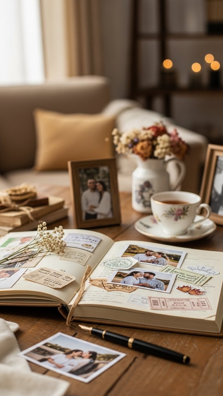 Vintage photo album open with couple photos and keepsakes arranged on rustic wooden table