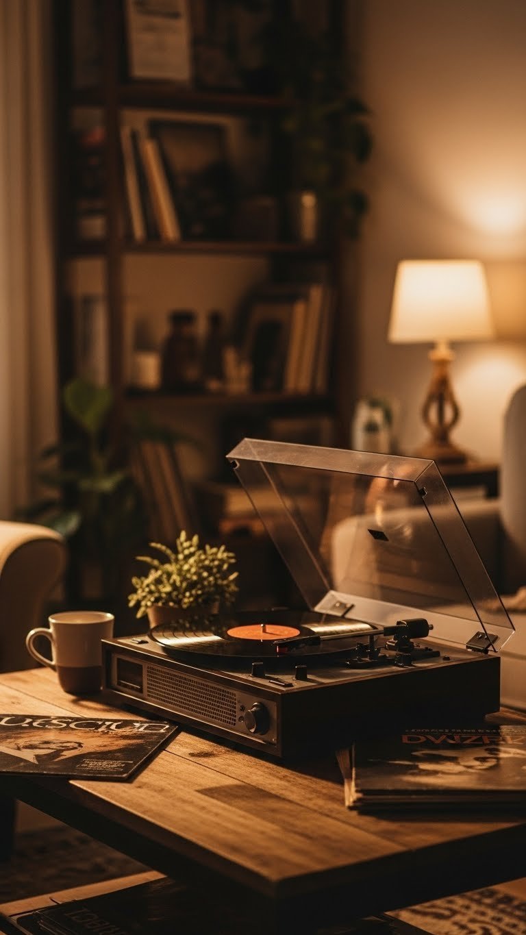 Vintage record player actively spinning vinyl surrounded by classic album stack in cozy corner with warm ambient lighting.