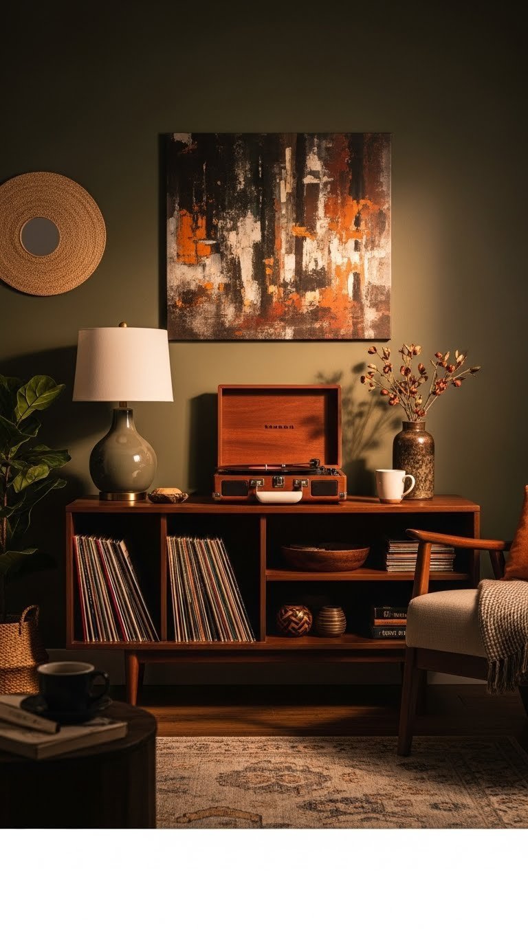 Vintage record player on mid-century console with vinyl collection in cozy masculine listening nook with warm lighting