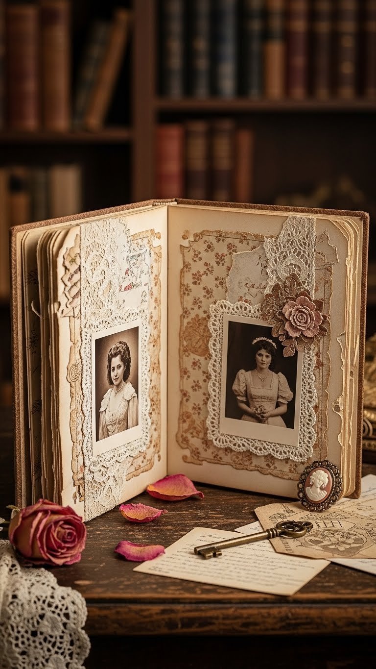 Vintage romance keepsake album with sepia-toned photos and antique lace details on distressed wood