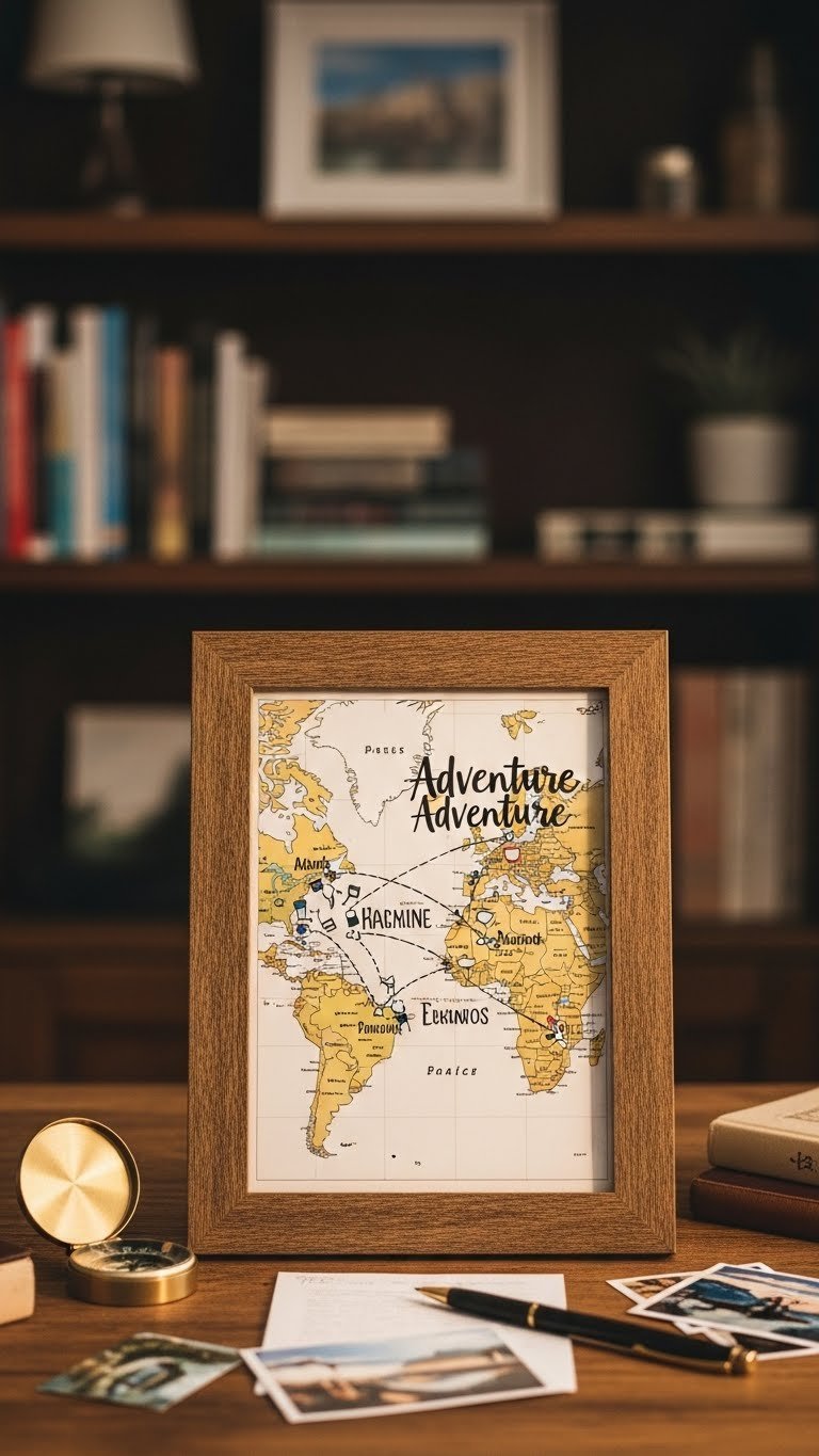 Vintage-style world map with travel pins marking destinations and hand-drawn routes in distressed wood frame.