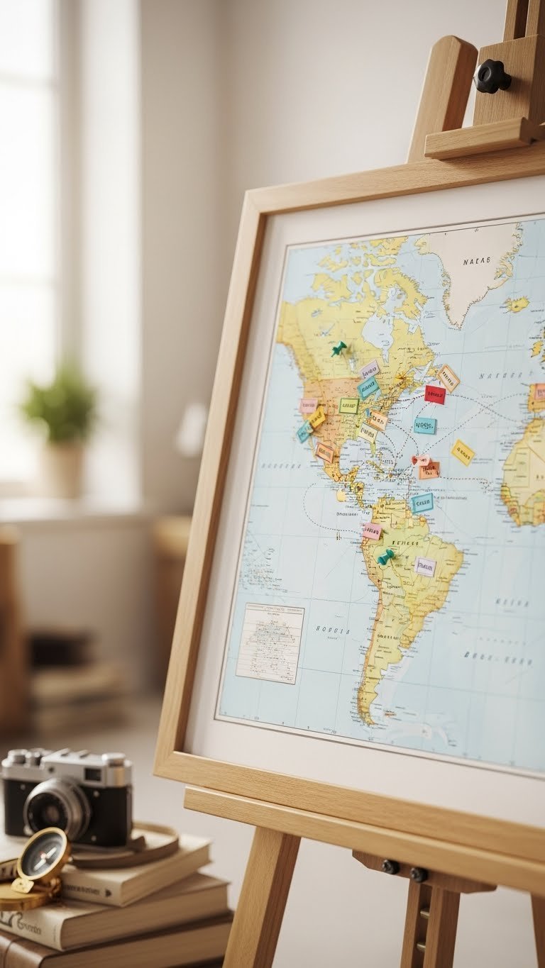 Vintage world map with colorful pushpins marking travel destinations in an elegant wooden frame.