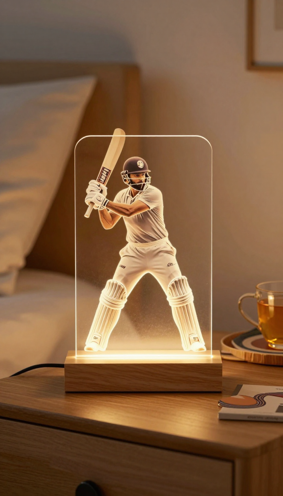Virat Kohli 3D illusion LED lamp glowing on modern wooden nightstand creating striking silhouette batting pose