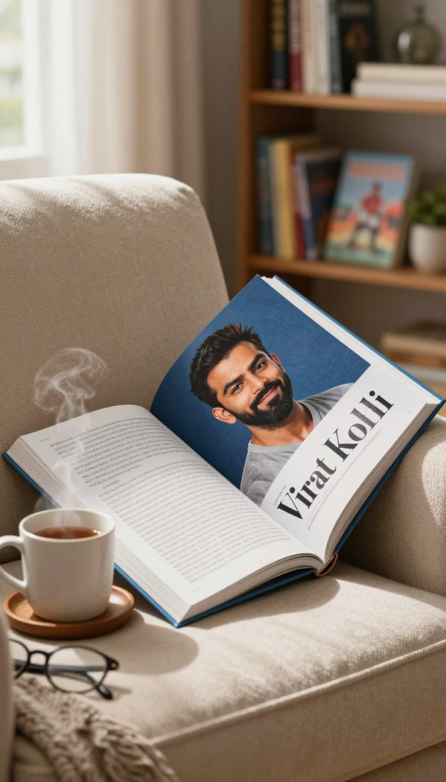 Virat Kohli biography book open on cozy armchair with steaming tea mug on wooden coaster
