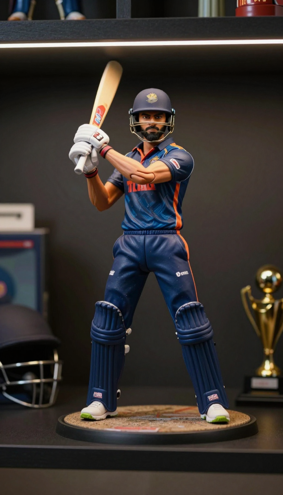 Virat Kohli collectible action figure displayed on dark shelf with accent lighting capturing cricket stance