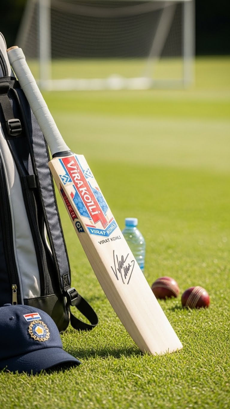 Virat Kohli replica cricket bat leaning against kit bag on fresh green grass field with morning dew