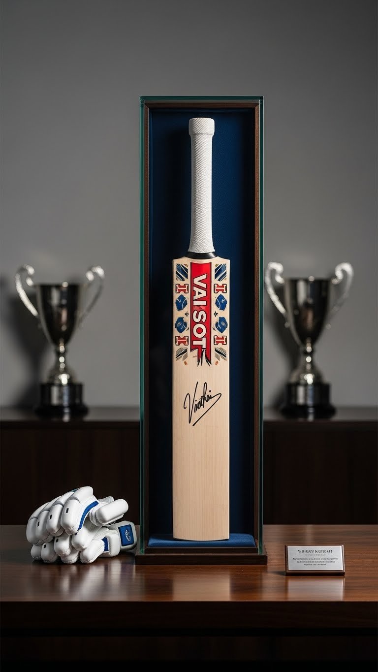 Virat Kohli signed cricket bat displayed in minimalist glass case on dark polished wood surface with white cricket gloves