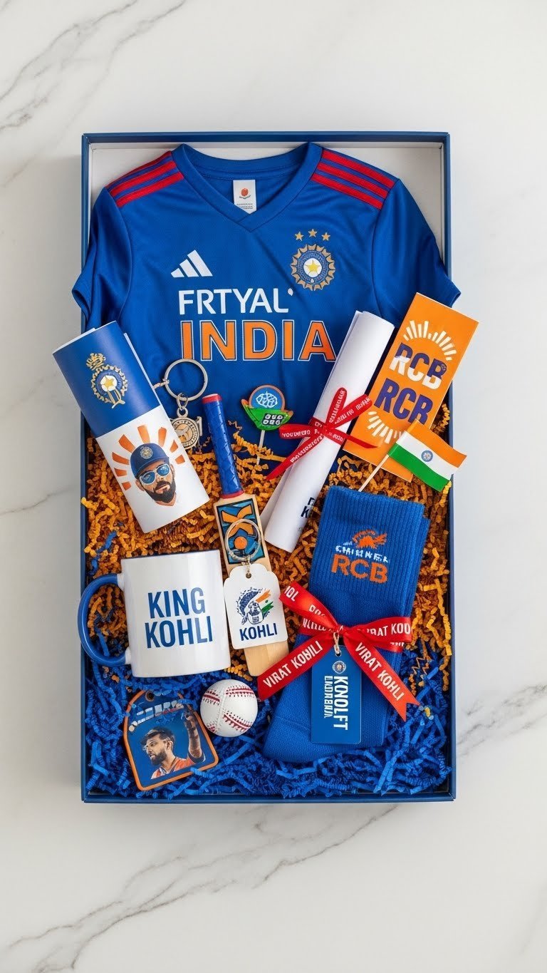 Virat Kohli themed gift hamper overflowing with fan merchandise in rustic wooden crate on marble surface
