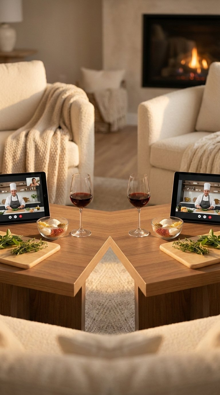 Virtual date night setup with matching wine glasses and laptops for shared online experience on wooden table