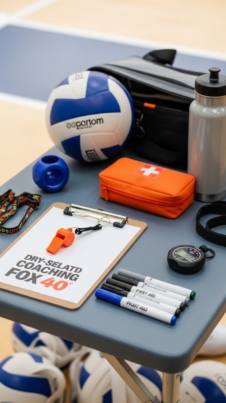 Volleyball coach essentials kit featuring whistle, clipboard, first-aid kit and stopwatch arranged on gym floor