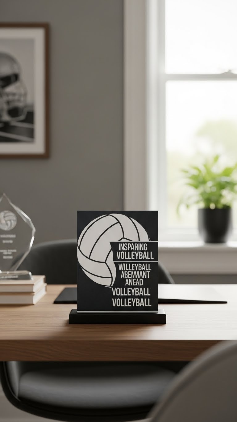 Volleyball-themed home decor artwork displayed on polished wooden desk with soft blurred office background