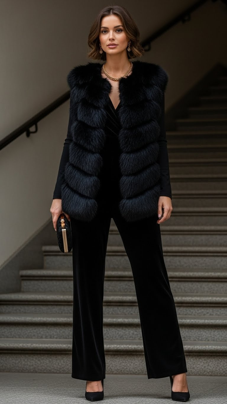 Voluminous black faux fur vest over a velvet jumpsuit or cocktail dress, with gold jewelry, clutch, and heels.