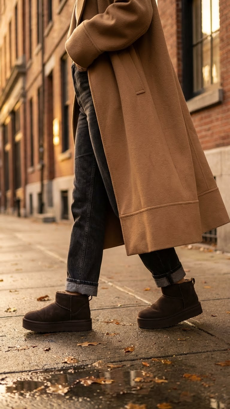 Walking figure in dark cuffed denim jeans and chestnut Ugg Mini Platform boots, paired with an oversized camel wool coat. Winter street style.