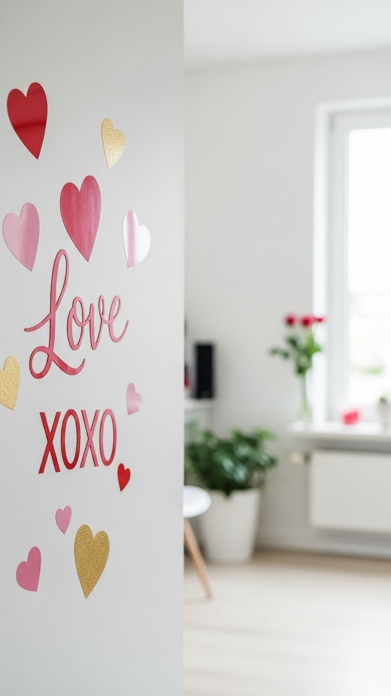 Wall adorned with elegant Valentine's Day heart-shaped decals in red, pink, and gold