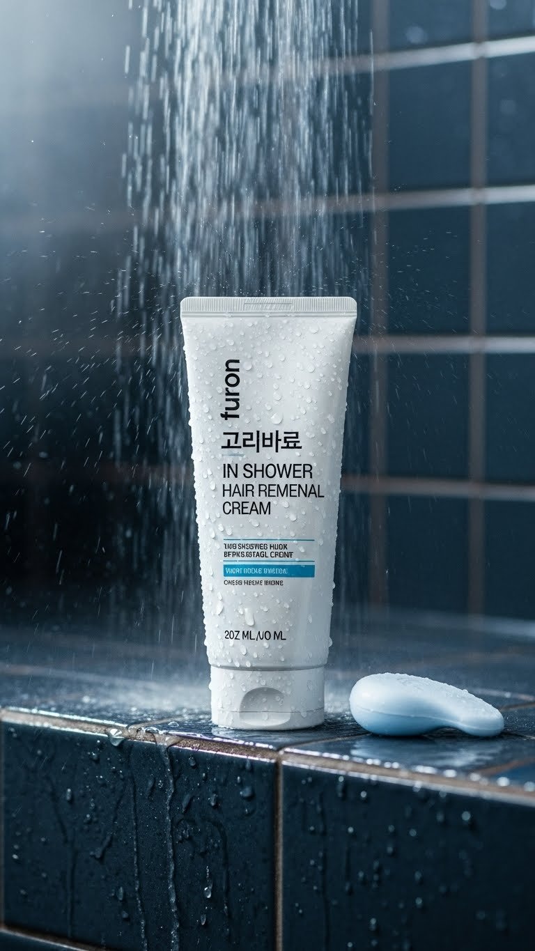 Water-resistant Korean in-shower hair removal cream tube on wet tile surface with water droplets and steam effect