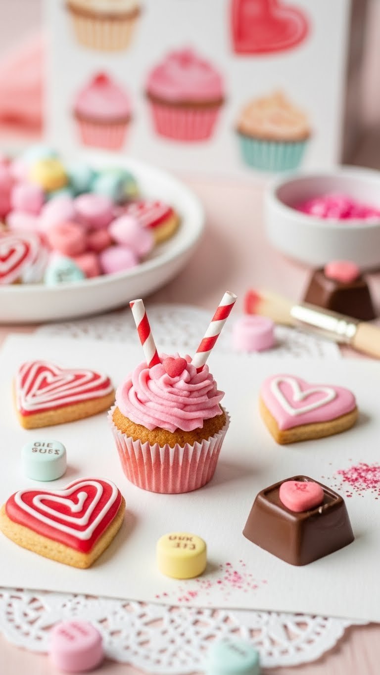 Watercolor illustration of Valentine sweets including heart cookies and cupcakes with pink frosting