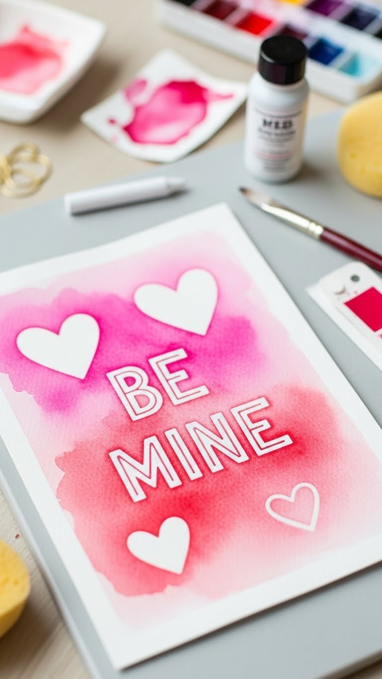 Watercolor resist artwork with white heart shapes on vibrant pink and purple wash background